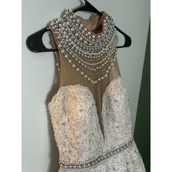 Sherri Hill SZ 10- 1338 Ivory Lace Pearl Neck‎ Back Mesh Ballgown Wedding Dress - Picture 3 of 12